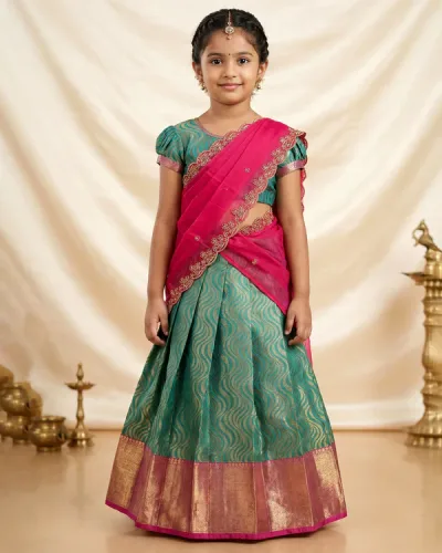 Traditional Girls Pavadai Dhavani Set with Zari Woven Jacquard Skirt Contrast Brocade Border and Embroidered Lace Dupatta - Green and Pink